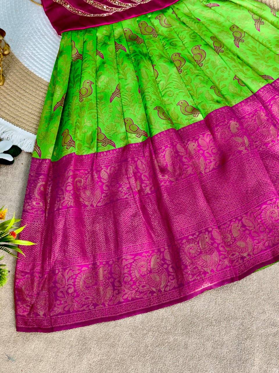 Lotus Frock Jaquard Silk Green Wholesale kids clothing suppliers in Ahmedabad